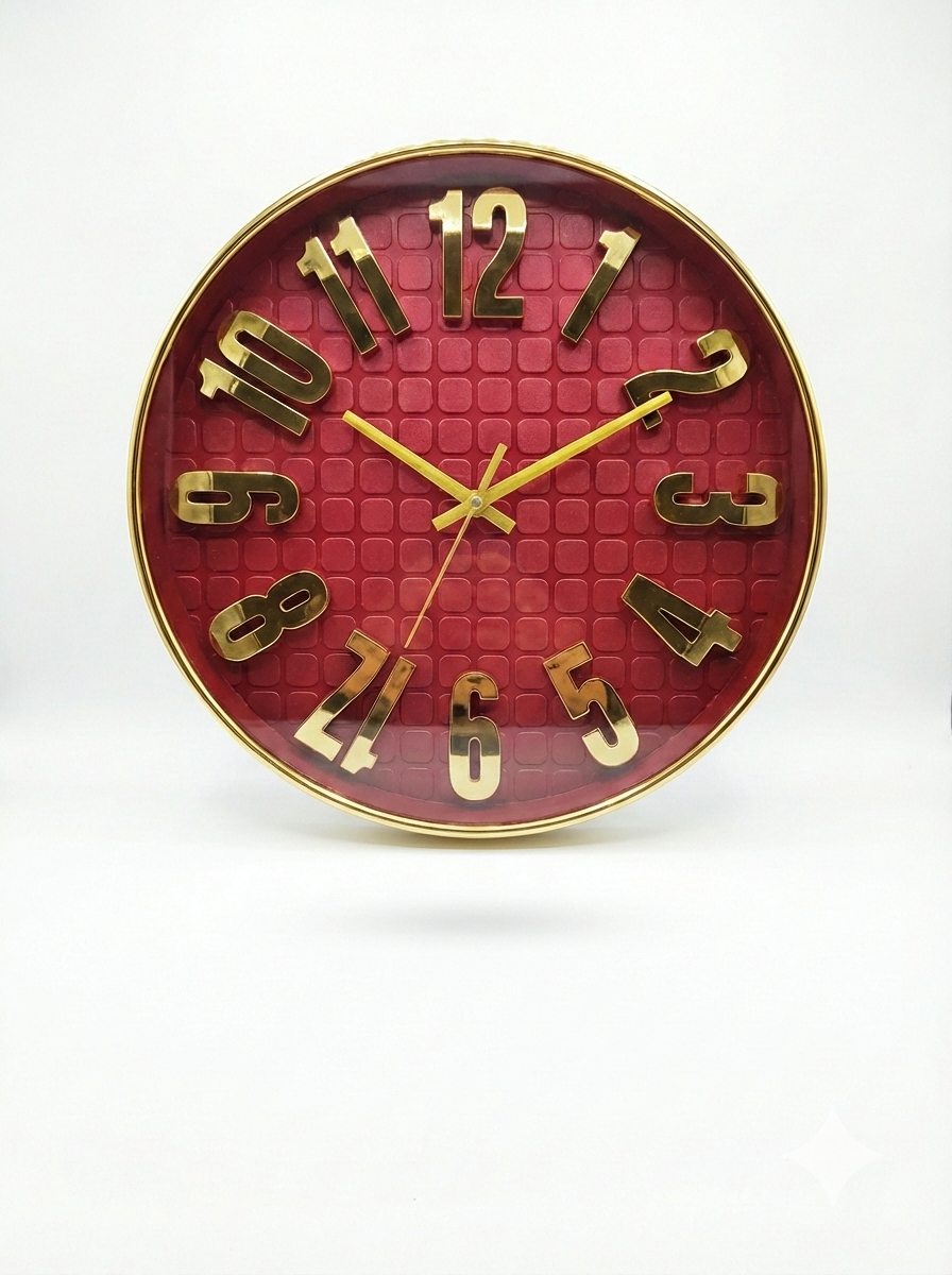 Luxury Red & Gold Wall Clock 12 Inch – Silent Quartz Movement, Metal Frame, Large Raised Numerals
