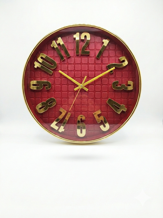 Luxury Red & Gold Wall Clock 12 Inch – Silent Quartz Movement, Metal Frame, Large Raised Numerals