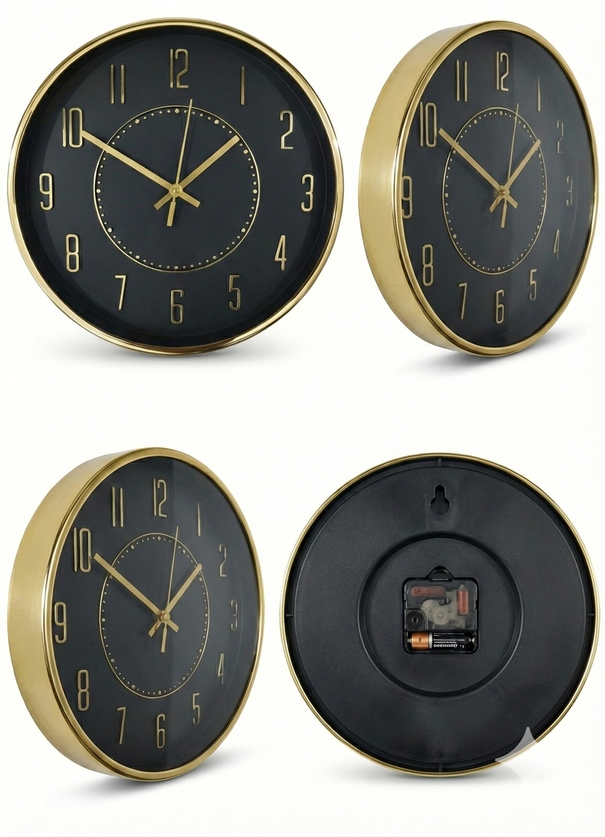 Luxury Black & Gold Wall Clock 12 Inch – Silent Quartz Movement, Metal Frame, Modern Designer Clock with Clear Arabic Numerals for Living Room & Office
