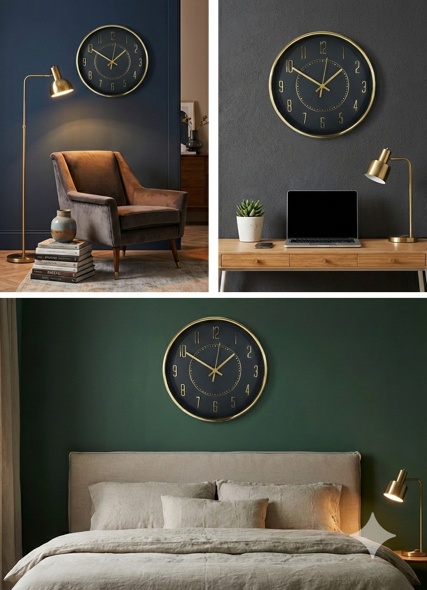Luxury Black & Gold Wall Clock 12 Inch – Silent Quartz Movement, Metal Frame, Modern Designer Clock with Clear Arabic Numerals for Living Room & Office