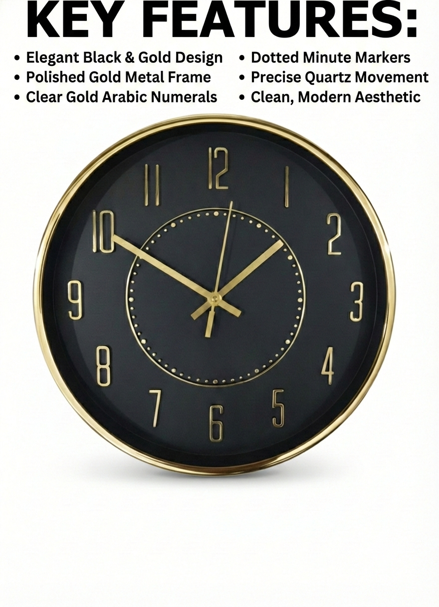 Luxury Black & Gold Wall Clock 12 Inch – Silent Quartz Movement, Metal Frame, Modern Designer Clock with Clear Arabic Numerals for Living Room & Office