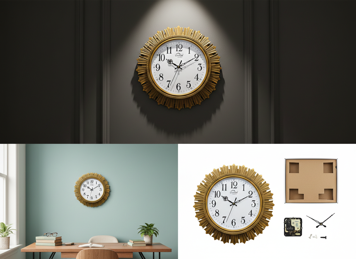 Luxury Sunburst Gold Wall Clock with Large Arabic Numerals | Silent Quartz Movement|