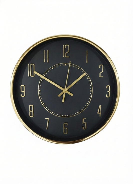 Luxury Black & Gold Wall Clock 12 Inch – Silent Quartz Movement, Metal Frame, Modern Designer Clock with Clear Arabic Numerals for Living Room & Office