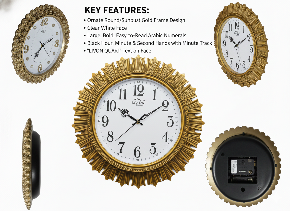 Luxury Sunburst Gold Wall Clock with Large Arabic Numerals | Silent Quartz Movement|