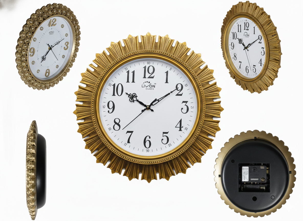 Luxury Sunburst Gold Wall Clock with Large Arabic Numerals | Silent Quartz Movement|