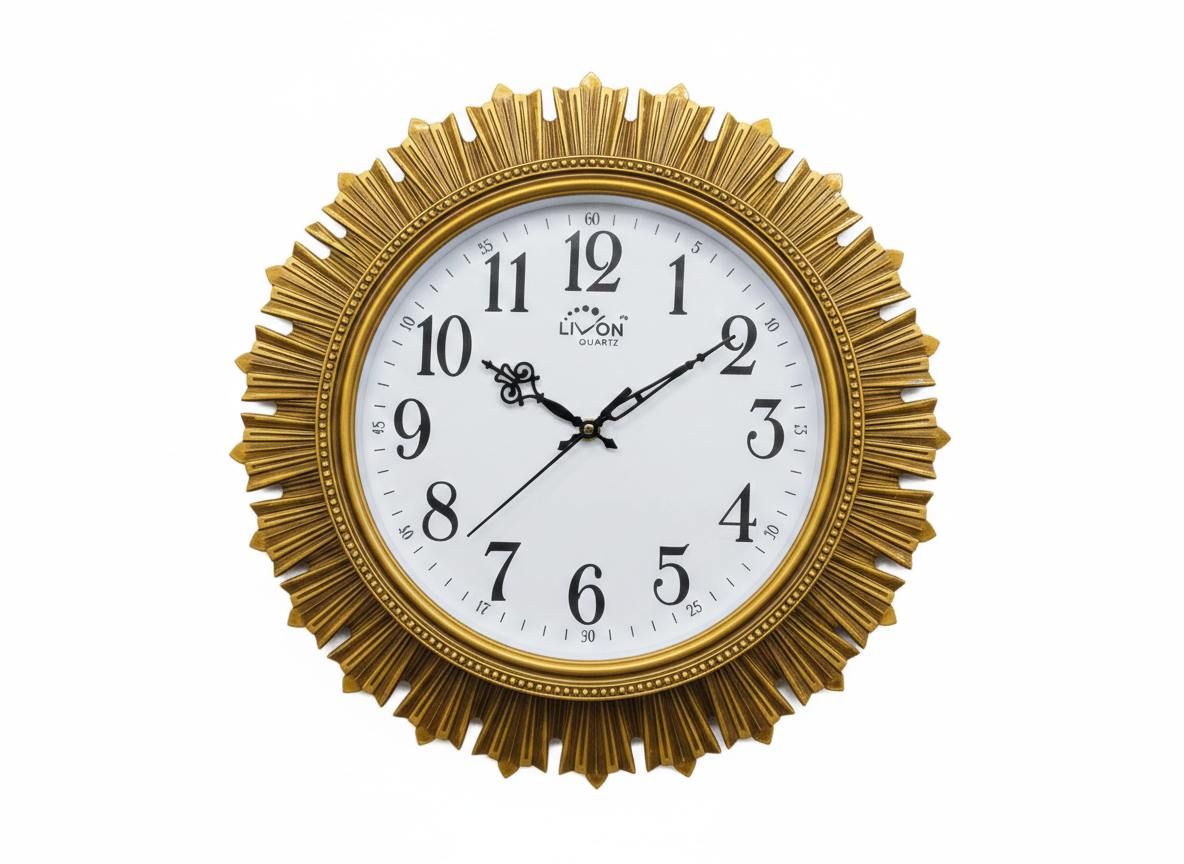 Luxury Sunburst Gold Wall Clock with Large Arabic Numerals | Silent Quartz Movement|