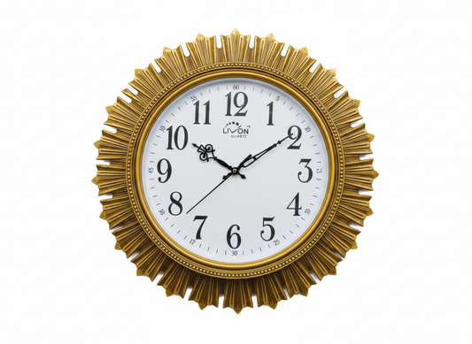 Luxury Sunburst Gold Wall Clock with Large Arabic Numerals | Silent Quartz Movement|