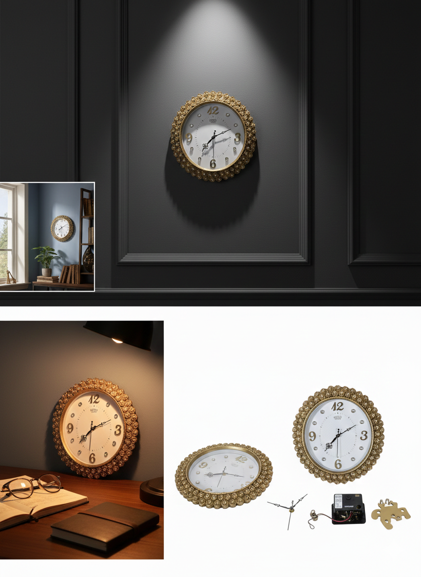 Luxury Gold Ornate Wall Clock with Floral Gem-Studded Frame | Raised Gold Numerals & Silent Quartz Movement