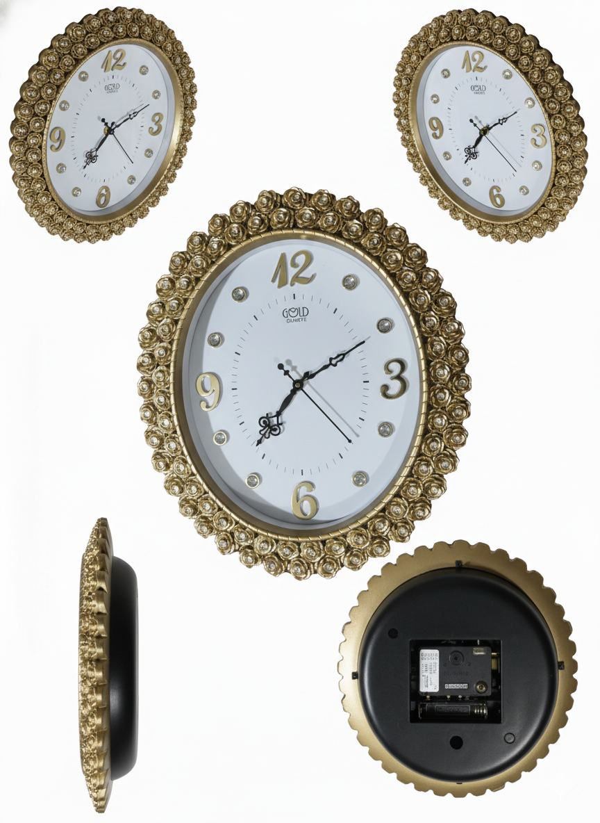 Luxury Gold Ornate Wall Clock with Floral Gem-Studded Frame | Raised Gold Numerals & Silent Quartz Movement