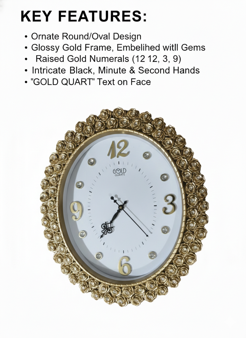 Luxury Gold Ornate Wall Clock with Floral Gem-Studded Frame | Raised Gold Numerals & Silent Quartz Movement