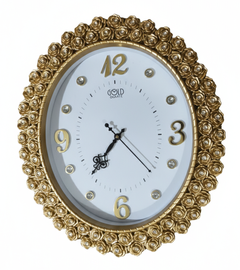 Luxury Gold Ornate Wall Clock with Floral Gem-Studded Frame | Raised Gold Numerals & Silent Quartz Movement