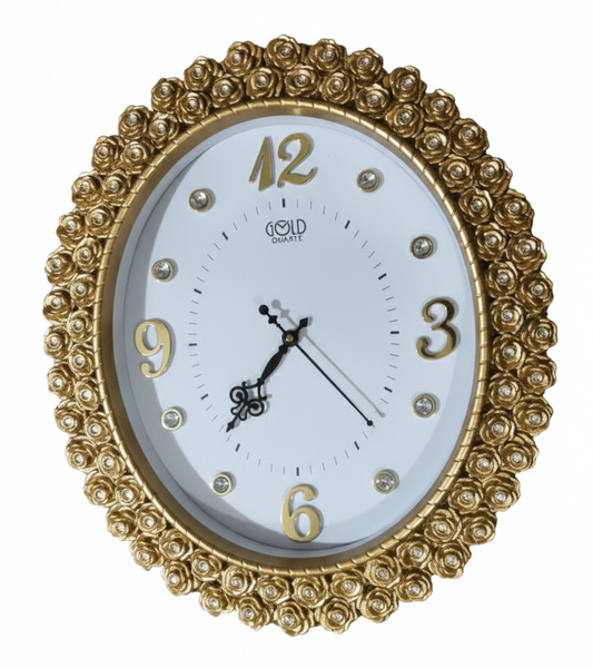 Luxury Gold Ornate Wall Clock with Floral Gem-Studded Frame | Raised Gold Numerals & Silent Quartz Movement