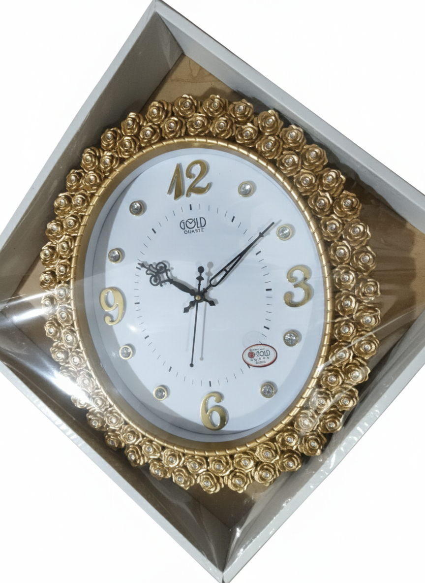 Luxury Gold Ornate Wall Clock with Floral Gem-Studded Frame | Raised Gold Numerals & Silent Quartz Movement