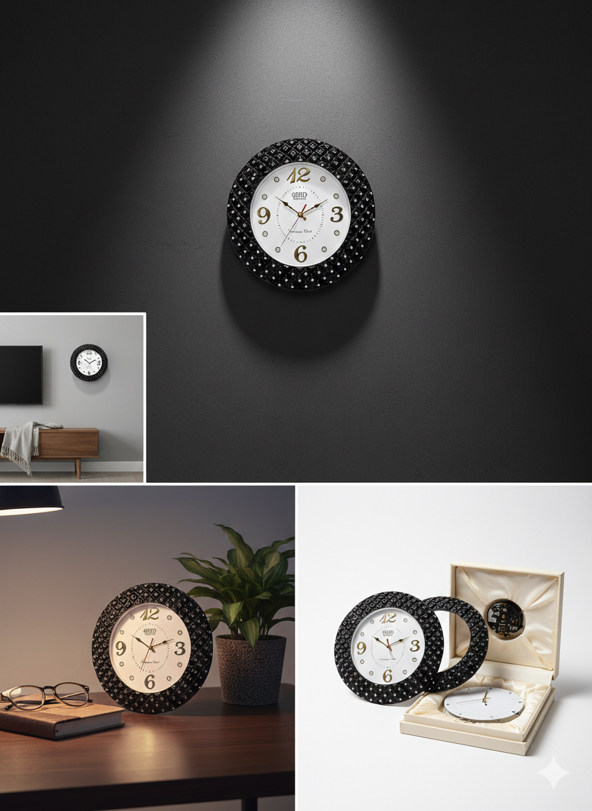 Luxury Black Designer Wall Clock with Textured Gem-Studded Frame | Gold Numerals & Silent Quartz Movement