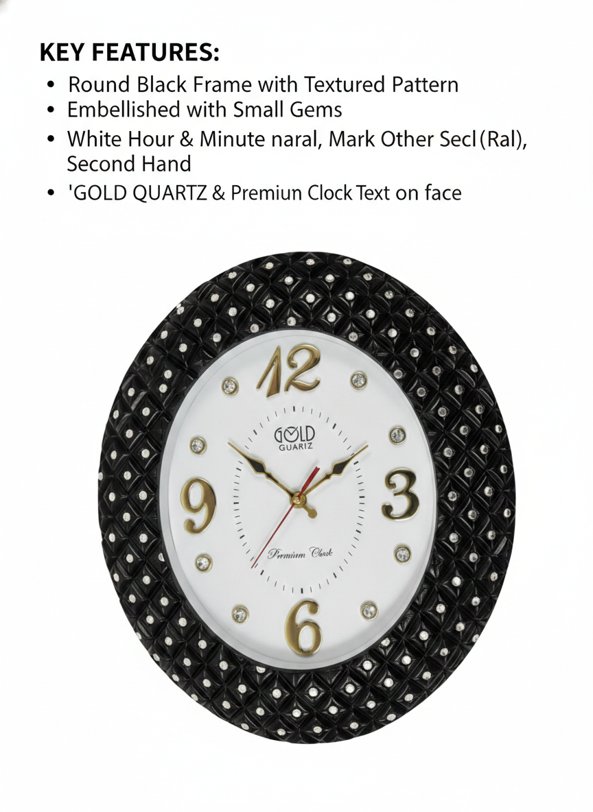 Luxury Black Designer Wall Clock with Textured Gem-Studded Frame | Gold Numerals & Silent Quartz Movement