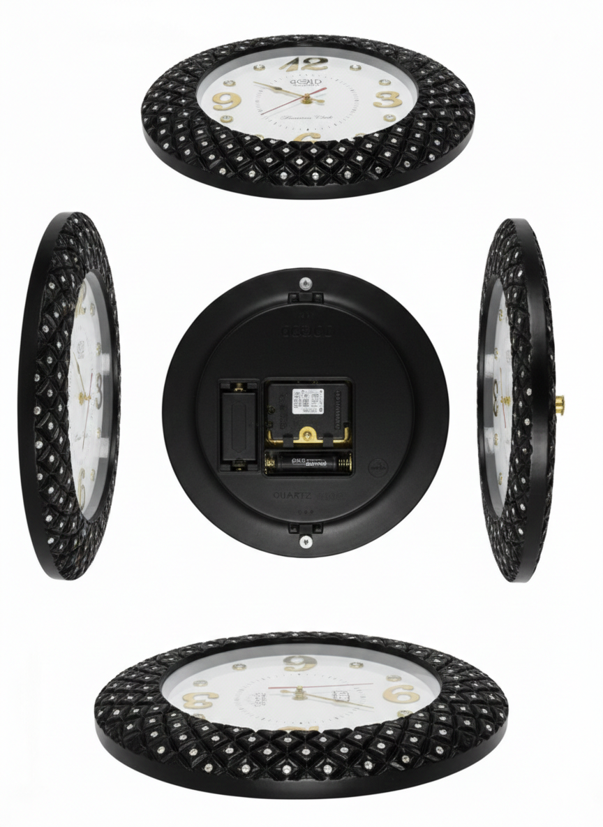 Luxury Black Designer Wall Clock with Textured Gem-Studded Frame | Gold Numerals & Silent Quartz Movement
