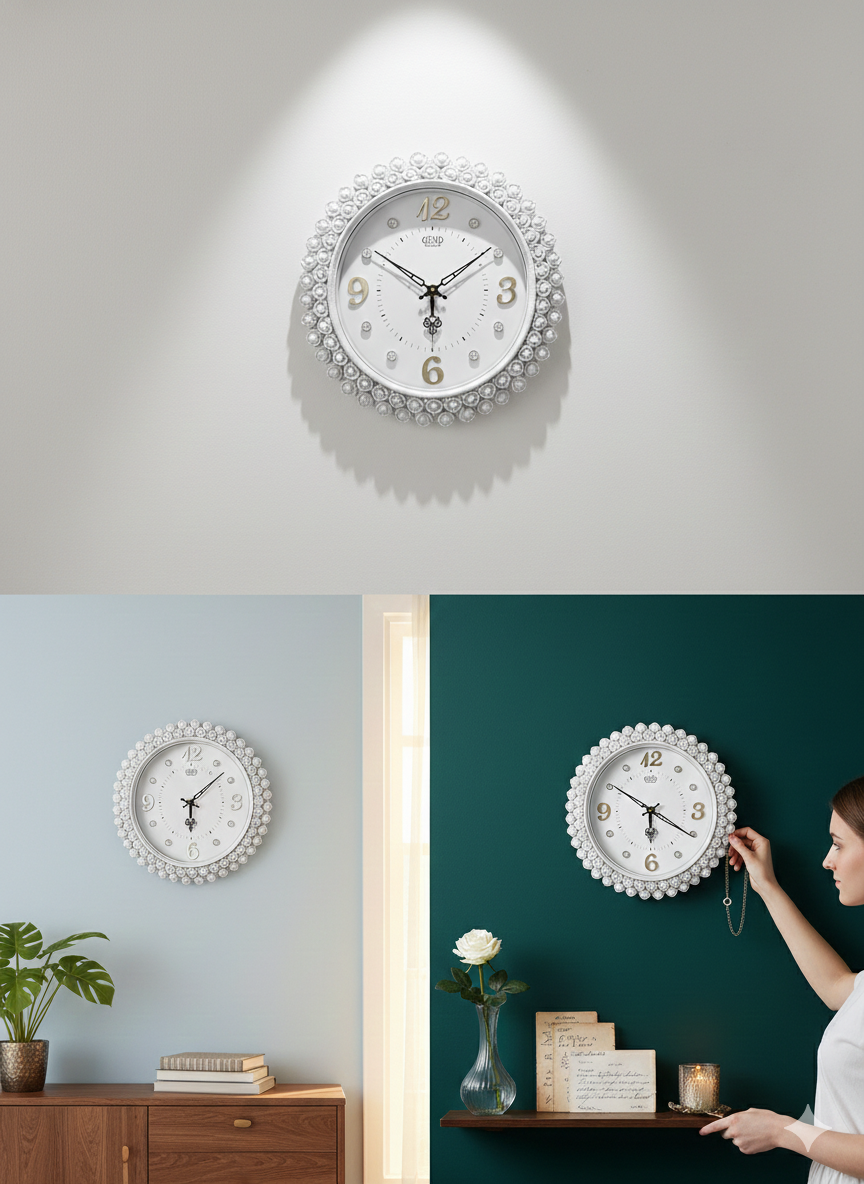 Luxury White Floral Wall Clock with Ornate Round Design | Raised Gold Numerals & Silent Quartz Movement