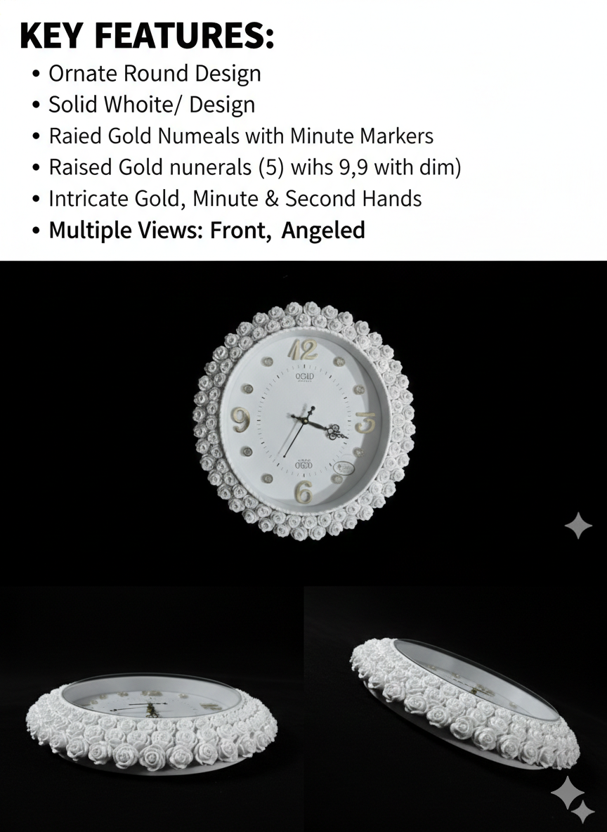 Luxury White Floral Wall Clock with Ornate Round Design | Raised Gold Numerals & Silent Quartz Movement
