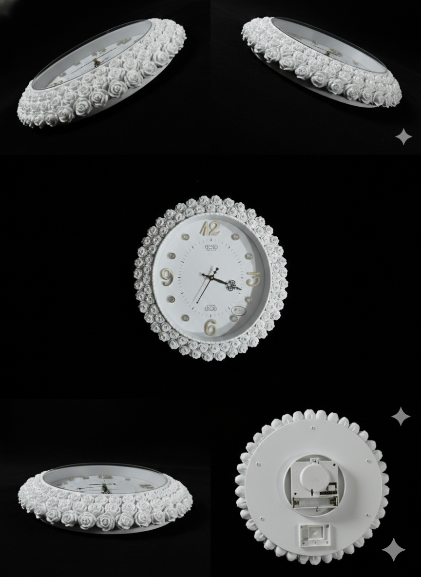 Luxury White Floral Wall Clock with Ornate Round Design | Raised Gold Numerals & Silent Quartz Movement