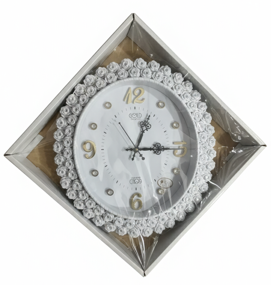 Luxury White Floral Wall Clock with Ornate Round Design | Raised Gold Numerals & Silent Quartz Movement