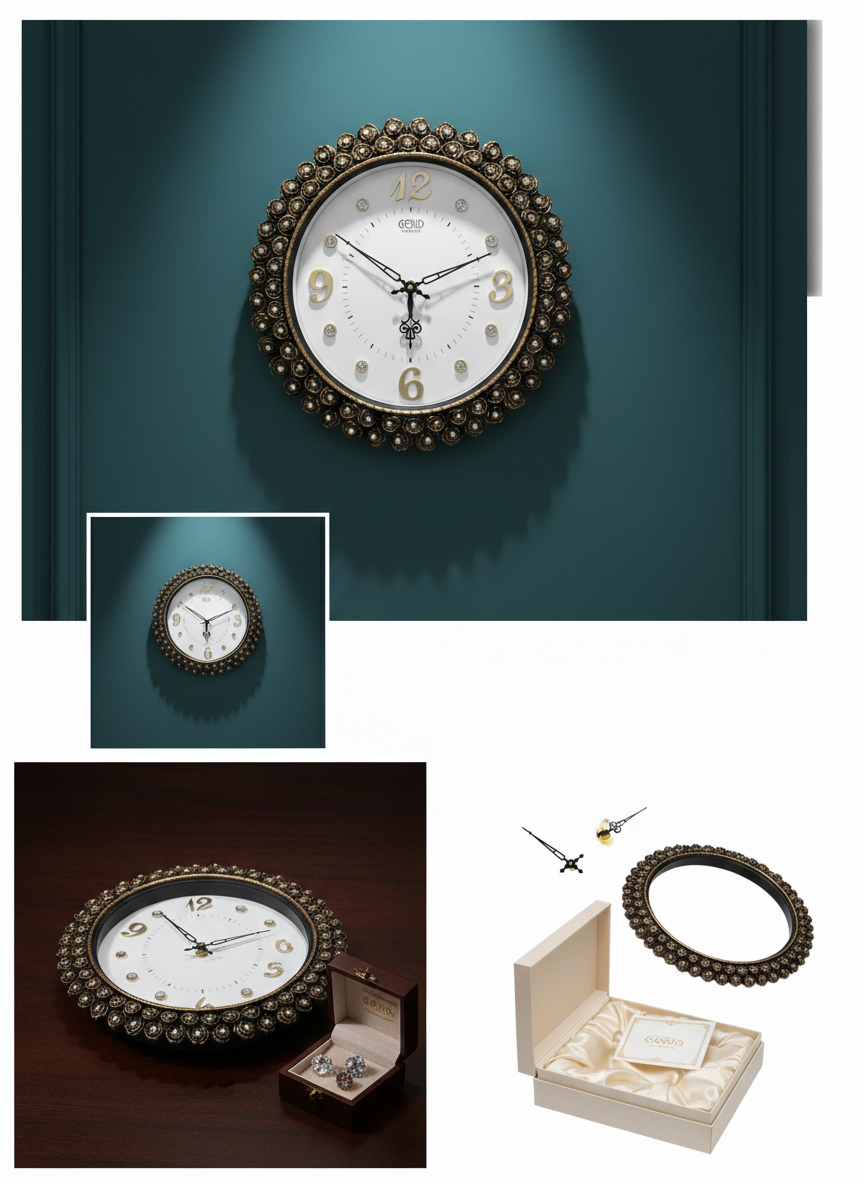 Luxury Antique Round Wall Clock with Floral Beaded Frame & Gem Embellishments | Gold Numerals Designer Clock for Living Room, Bedroom & Office | Silent Quartz Decorative Wall Clock