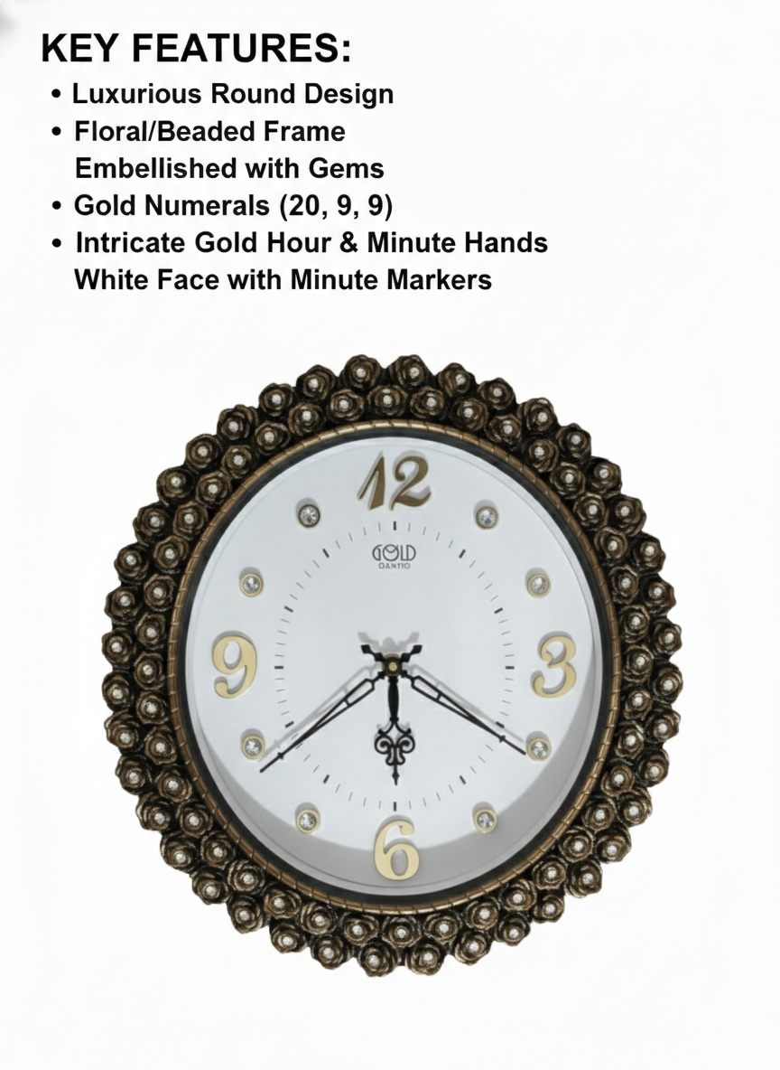 Luxury Antique Round Wall Clock with Floral Beaded Frame & Gem Embellishments | Gold Numerals Designer Clock for Living Room, Bedroom & Office | Silent Quartz Decorative Wall Clock