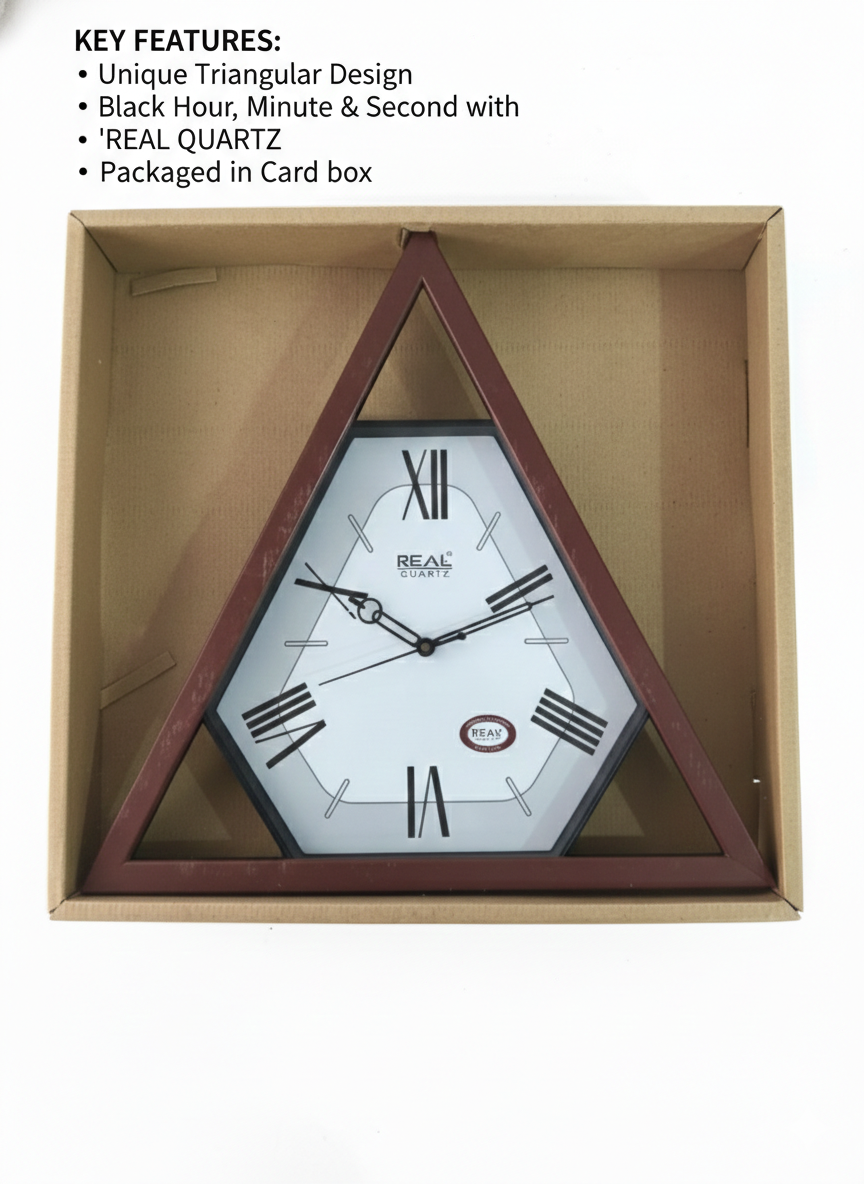Unique Triangular Wall Clock with Roman Numerals | Real Quartz Movement | Designer Decorative Clock for Living Room, Bedroom & Office