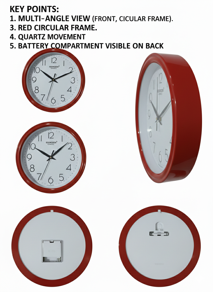 Modern Red Round Wall Clock with Silent Quartz Movement | Large Clear Numerals | Decorative Wall Clock for Living Room, Bedroom, Kitchen & Office