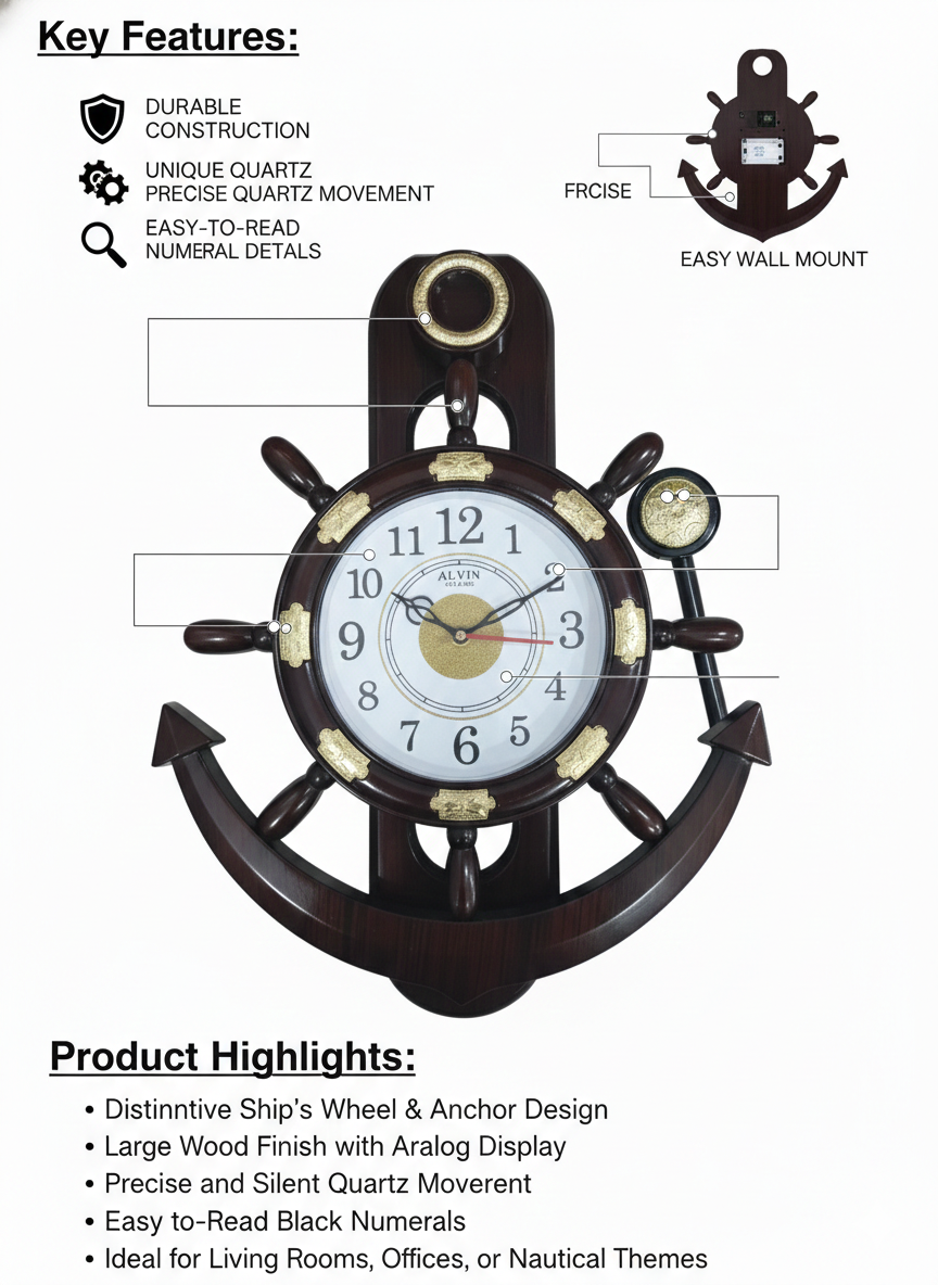 Nautical Ship Wheel Anchor Wall Clock with Wood Finish | Silent Quartz Movement
