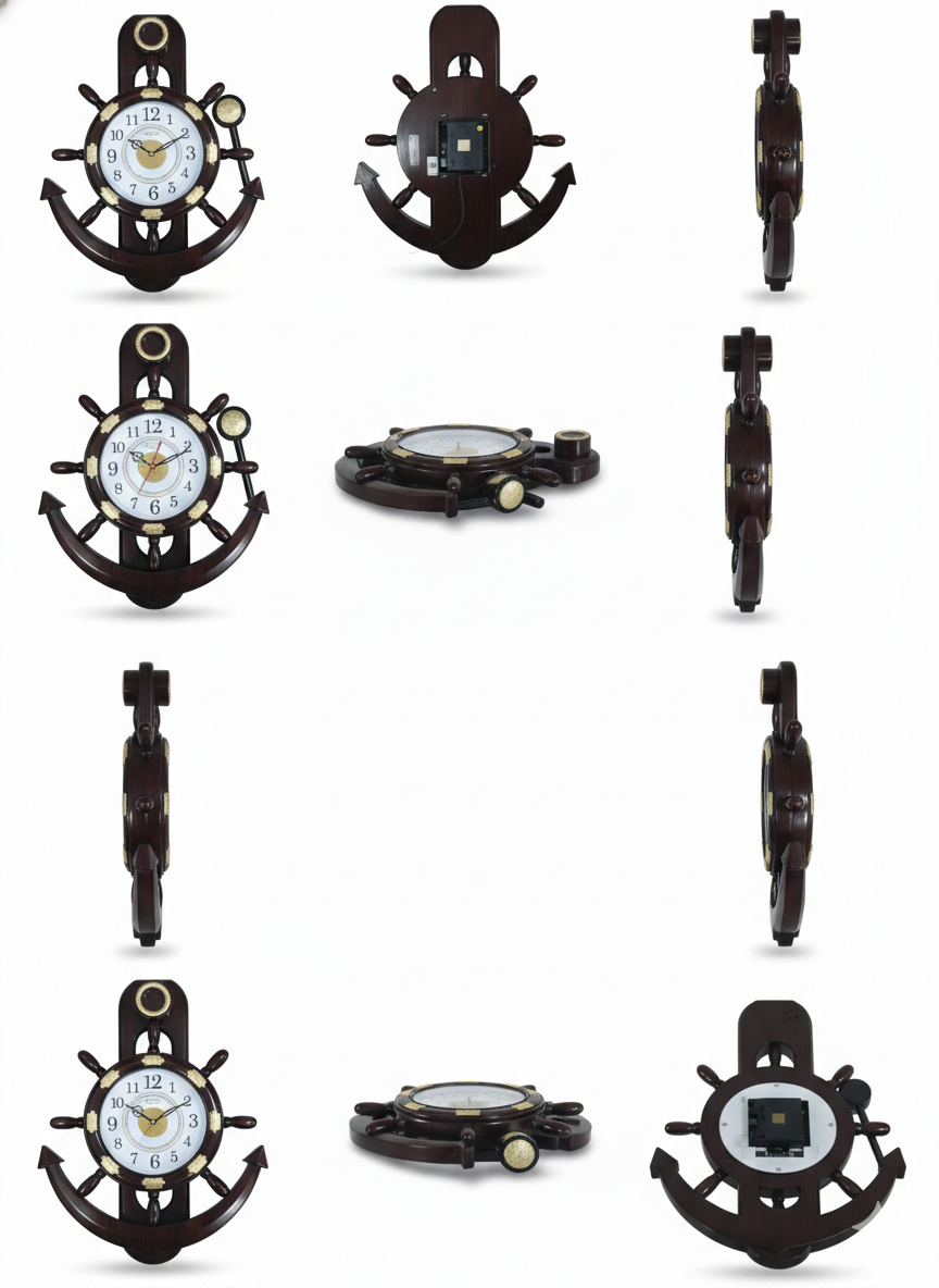 Nautical Ship Wheel Anchor Wall Clock with Wood Finish | Silent Quartz Movement
