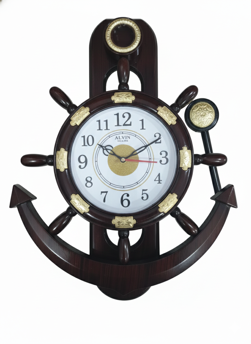 Nautical Ship Wheel Anchor Wall Clock with Wood Finish | Silent Quartz Movement