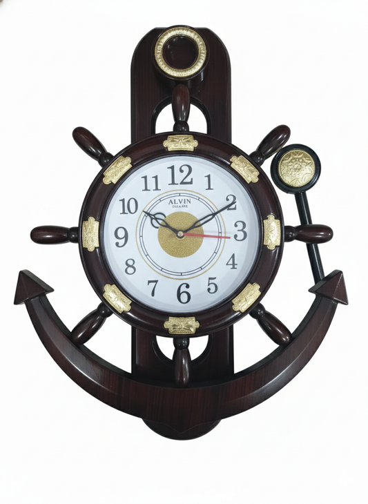 Nautical Ship Wheel Anchor Wall Clock with Wood Finish | Silent Quartz Movement