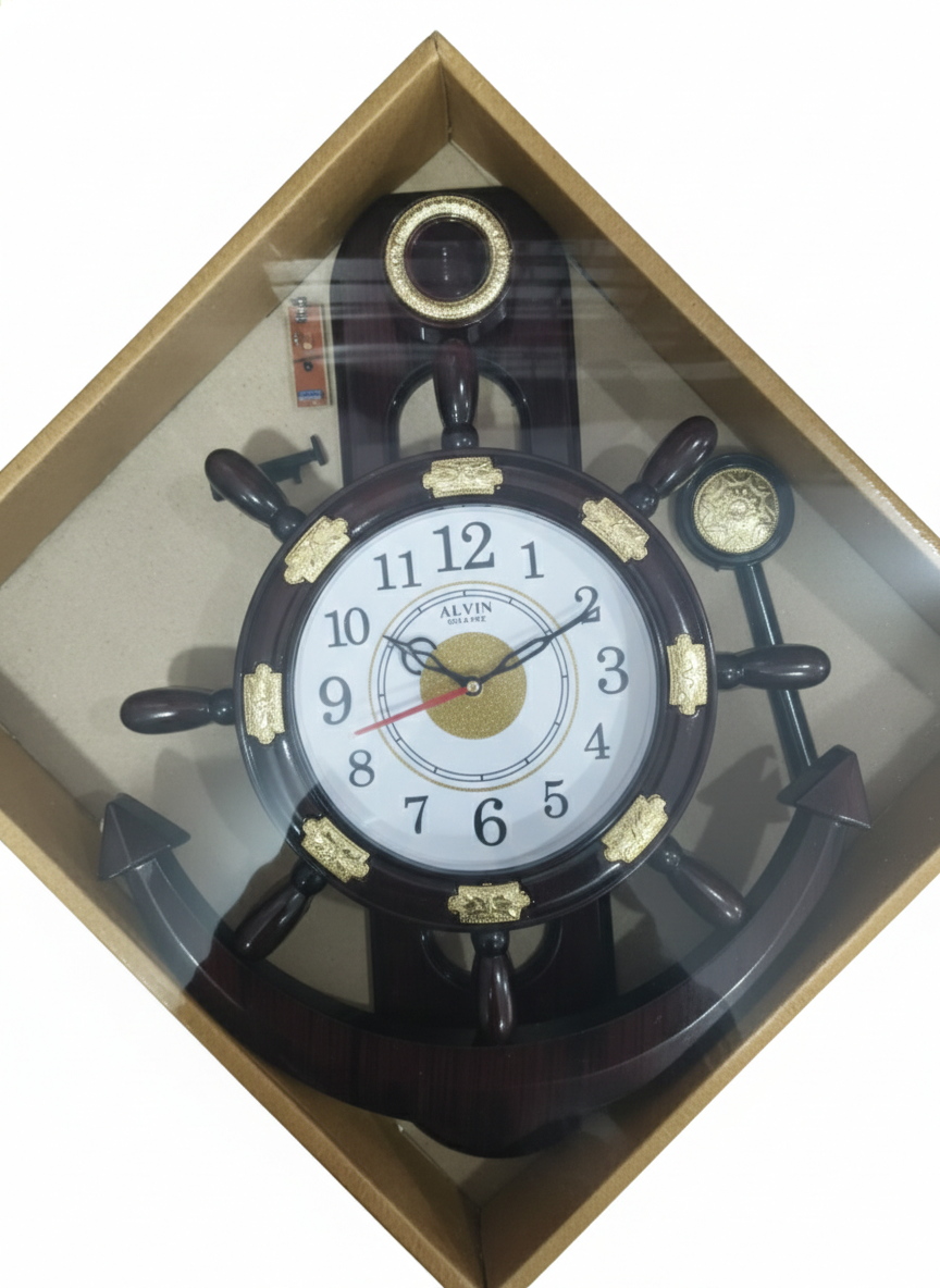 Nautical Ship Wheel Anchor Wall Clock with Wood Finish | Silent Quartz Movement
