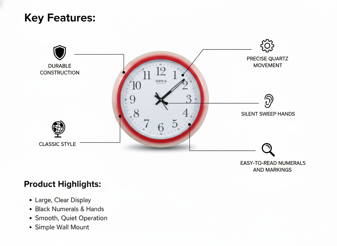 Classic Red Wall Clock with Large Clear Numerals | Silent Quartz Sweep Movement