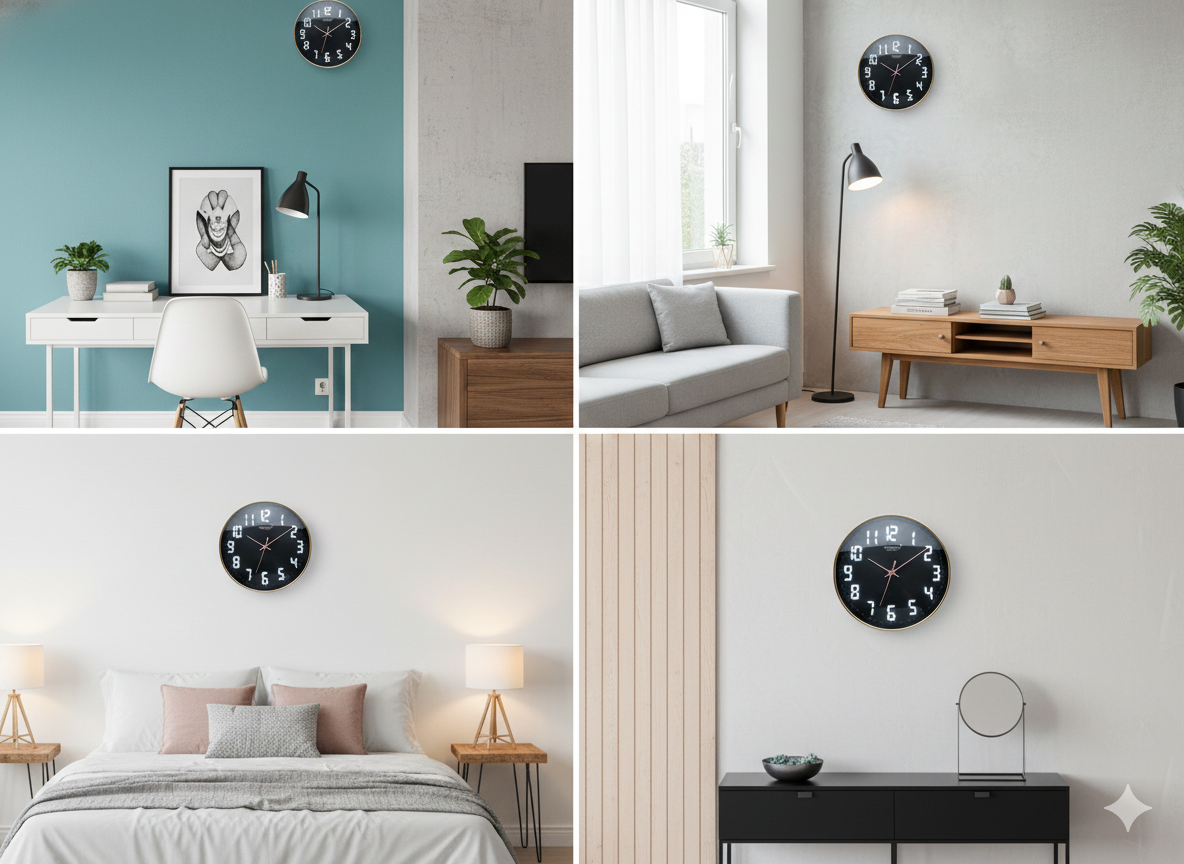 Modern Black Wall Clock with LED-Style Numerals & Gold Frame | Silent Quartz Sweep Movement