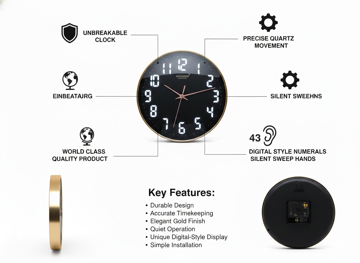 Modern Black Wall Clock with LED-Style Numerals & Gold Frame | Silent Quartz Sweep Movement