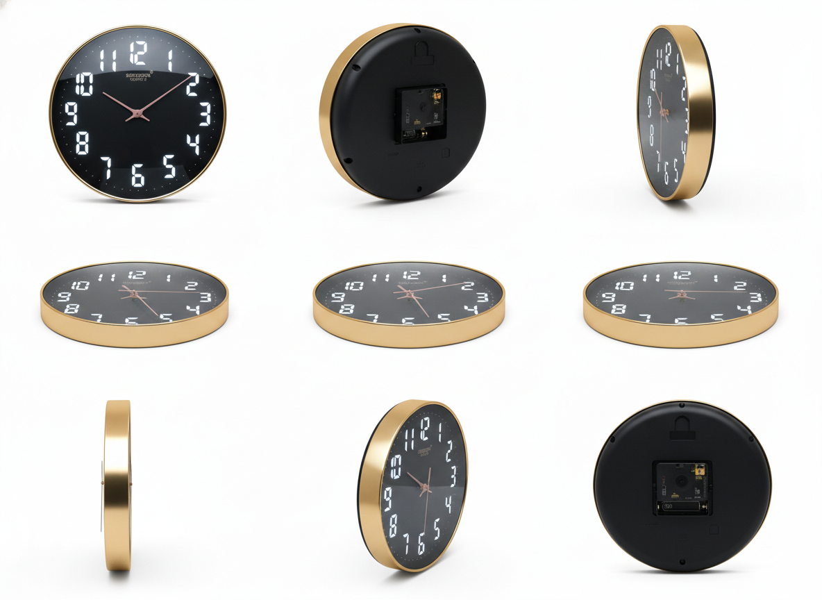 Modern Black Wall Clock with LED-Style Numerals & Gold Frame | Silent Quartz Sweep Movement