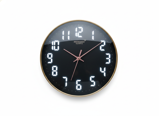 Modern Black Wall Clock with LED-Style Numerals & Gold Frame | Silent Quartz Sweep Movement