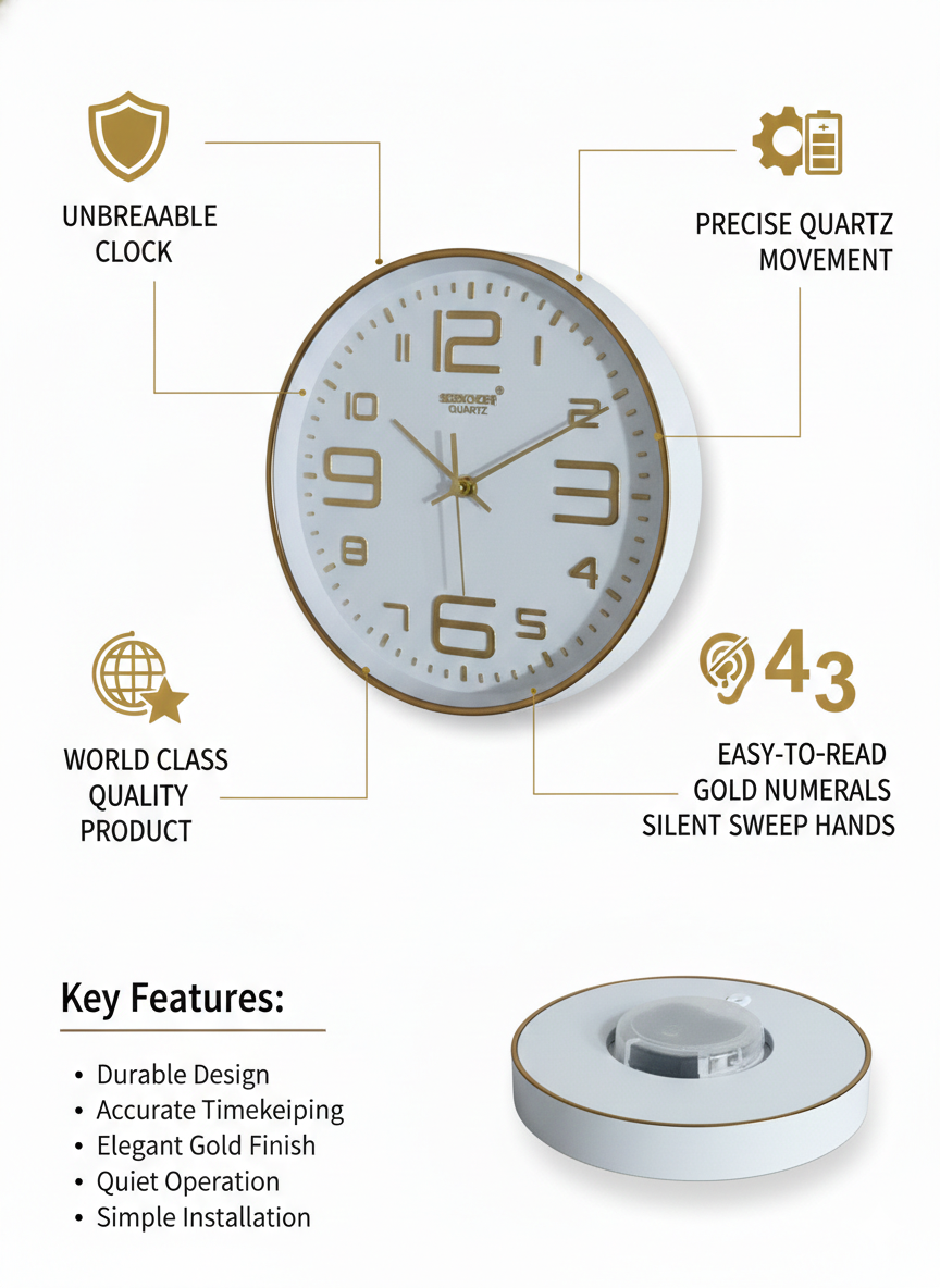 Modern White & Gold Wall Clock with Large Easy-to-Read Numerals | Silent Quartz Sweep Movement