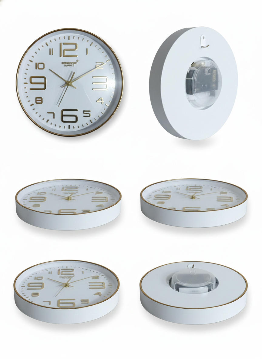 Modern White & Gold Wall Clock with Large Easy-to-Read Numerals | Silent Quartz Sweep Movement