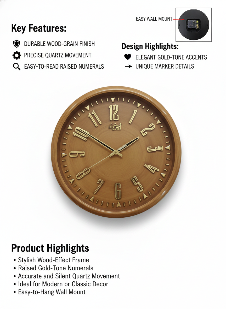 Premium Wood Finish Wall Clock 12 Inch – Silent Quartz Movement, Raised Gold Numerals, Easy-to-Read Dial, Decorative Wooden Style Clock for Home & Office