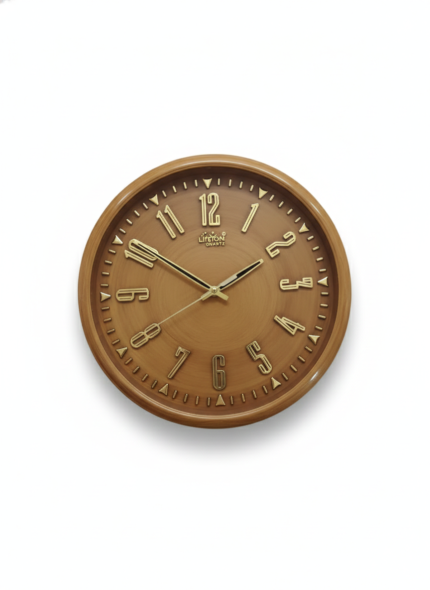 Premium Wood Finish Wall Clock 12 Inch – Silent Quartz Movement, Raised Gold Numerals, Easy-to-Read Dial, Decorative Wooden Style Clock for Home & Office