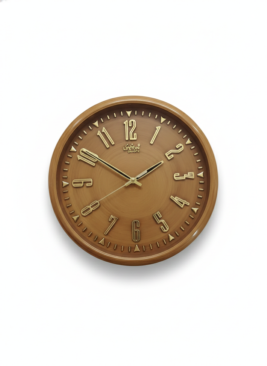 Premium Wood Finish Wall Clock 12 Inch – Silent Quartz Movement, Raised Gold Numerals, Easy-to-Read Dial, Decorative Wooden Style Clock for Home & Office