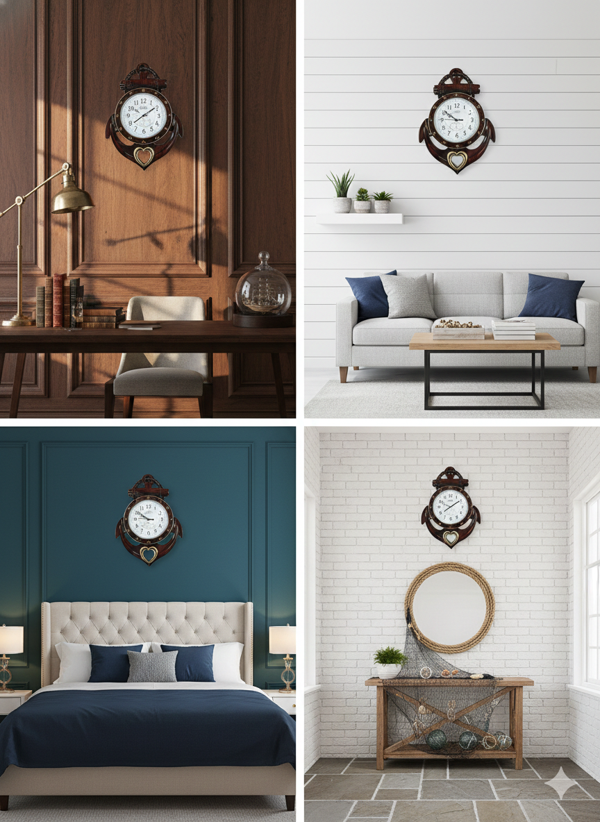 Nautical Anchor Wall Clock with Wood-Grain Finish & Heart Accent | Silent Quartz Movement