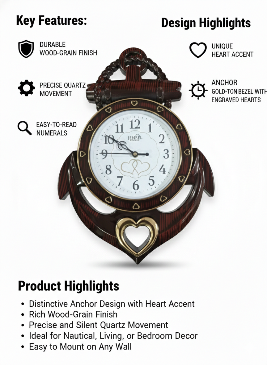 Nautical Anchor Wall Clock with Wood-Grain Finish & Heart Accent | Silent Quartz Movement
