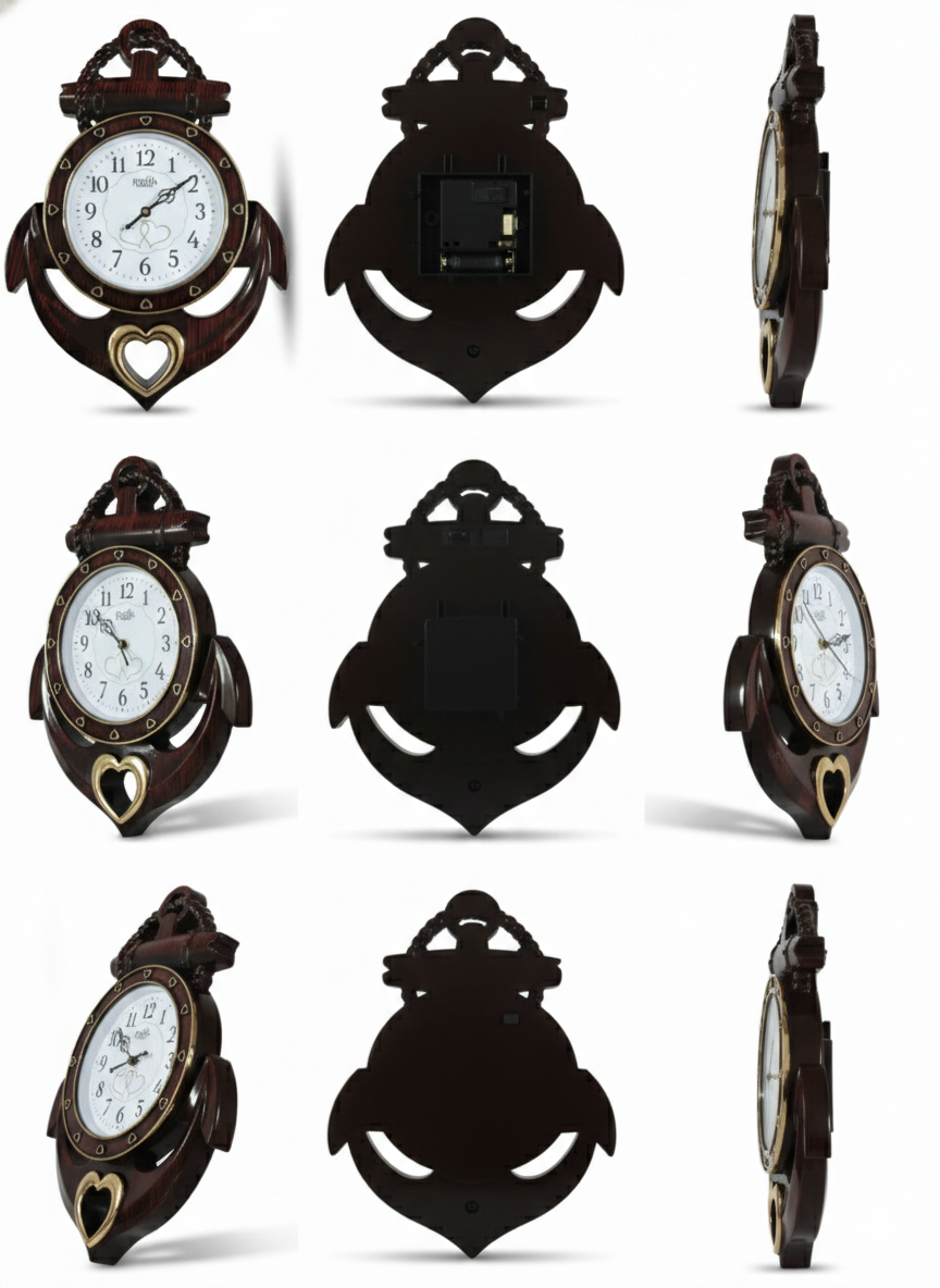 Nautical Anchor Wall Clock with Wood-Grain Finish & Heart Accent | Silent Quartz Movement