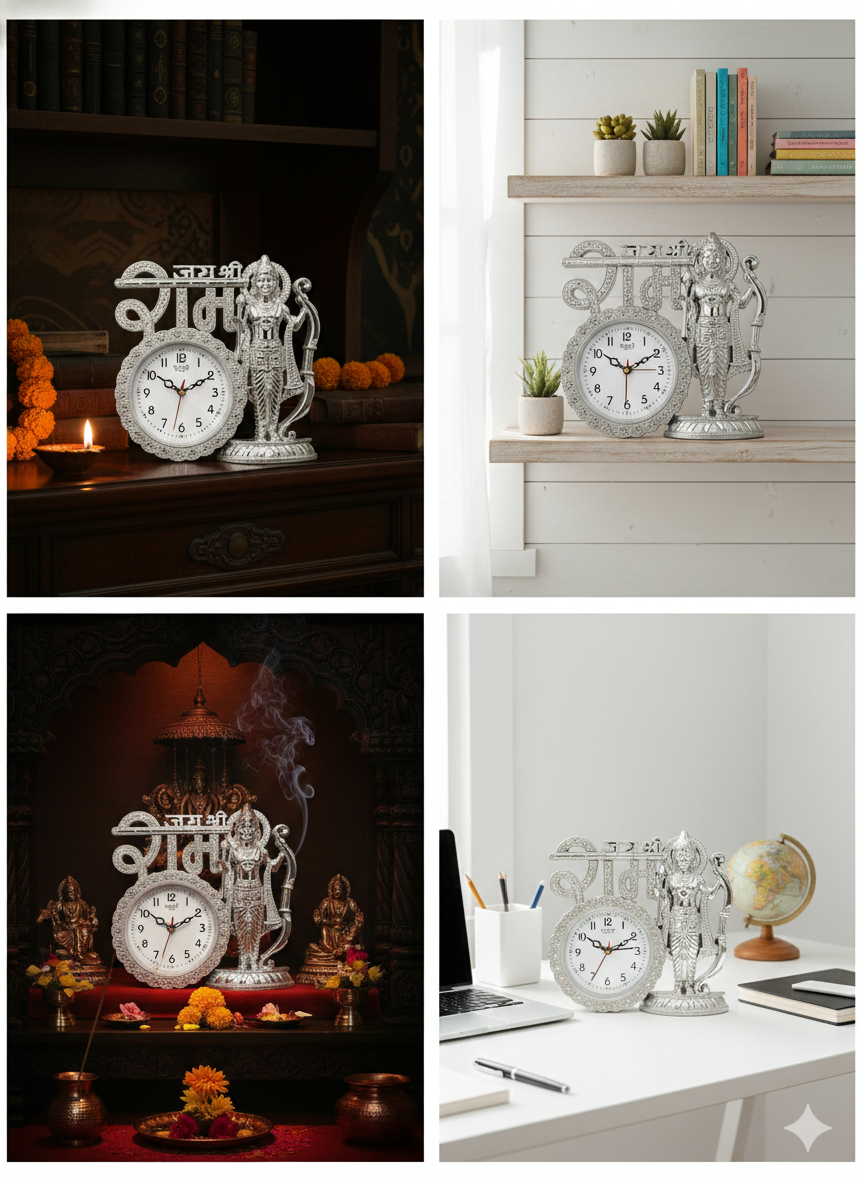 Shri Ram Ji Decorative Table Clock | Silver Finish Ram Idol with Bow Gift for Diwali, Housewarming & Office Desk