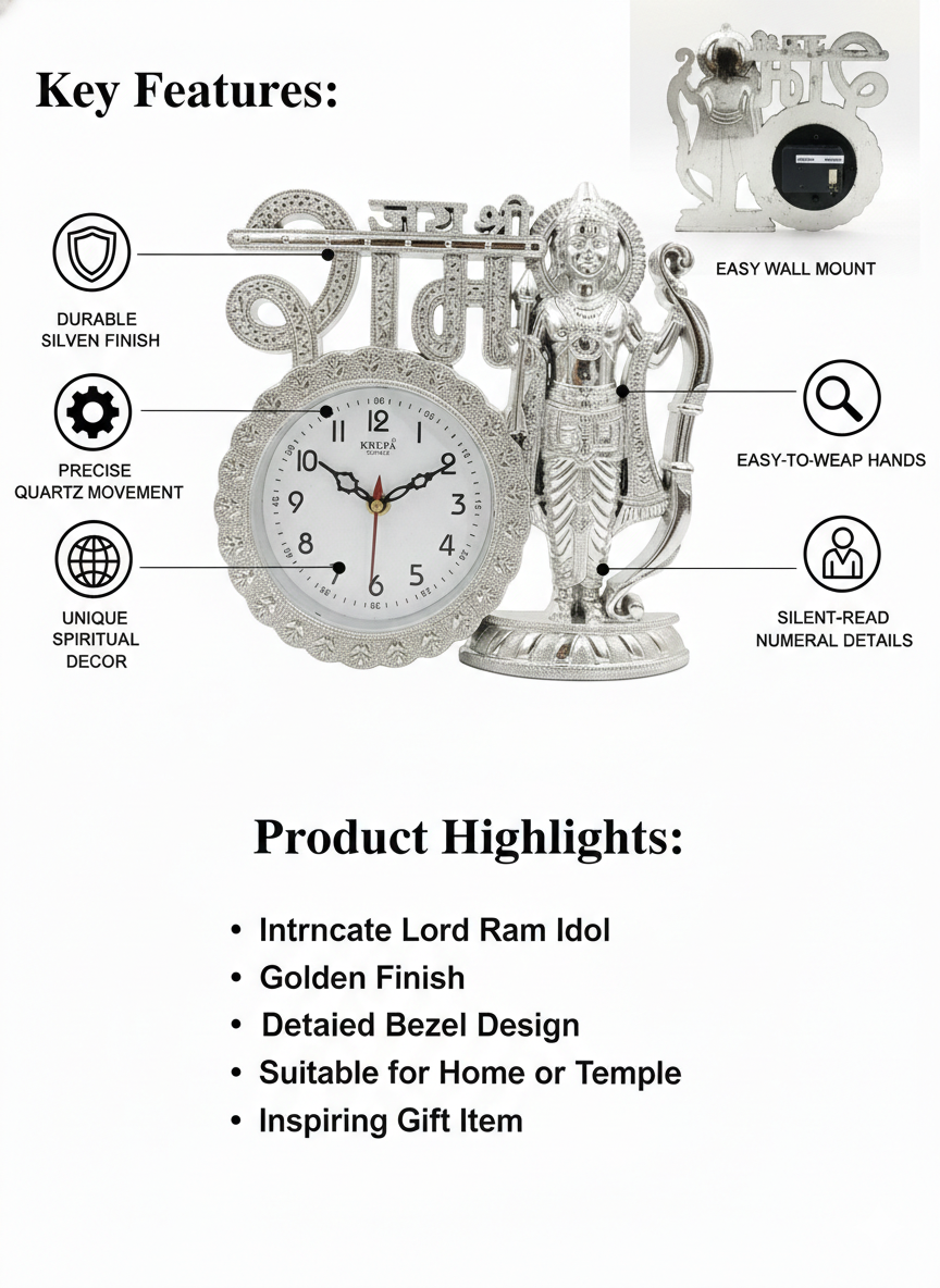 Shri Ram Ji Decorative Table Clock | Silver Finish Ram Idol with Bow Gift for Diwali, Housewarming & Office Desk