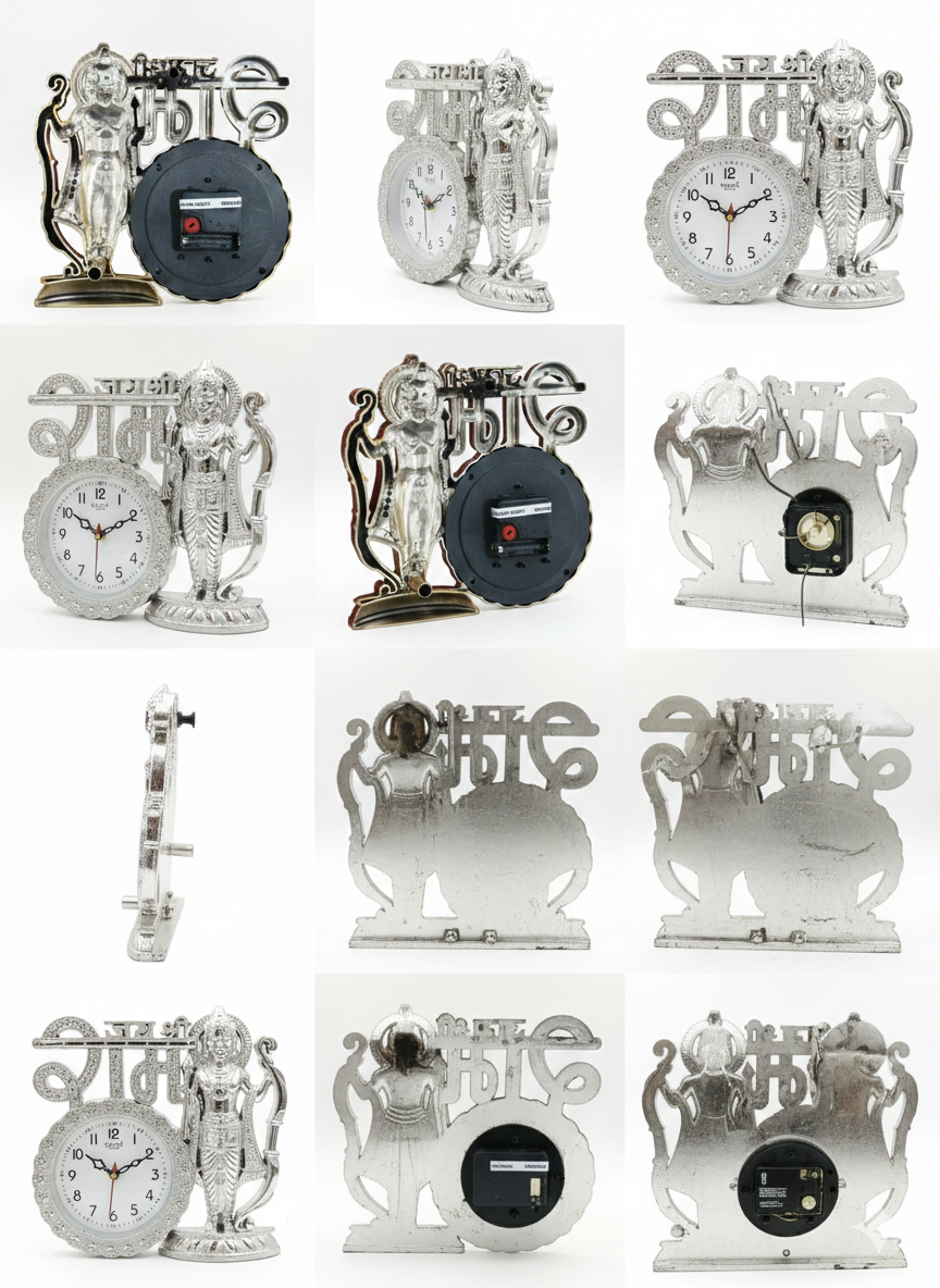 Shri Ram Ji Decorative Table Clock | Silver Finish Ram Idol with Bow Gift for Diwali, Housewarming & Office Desk