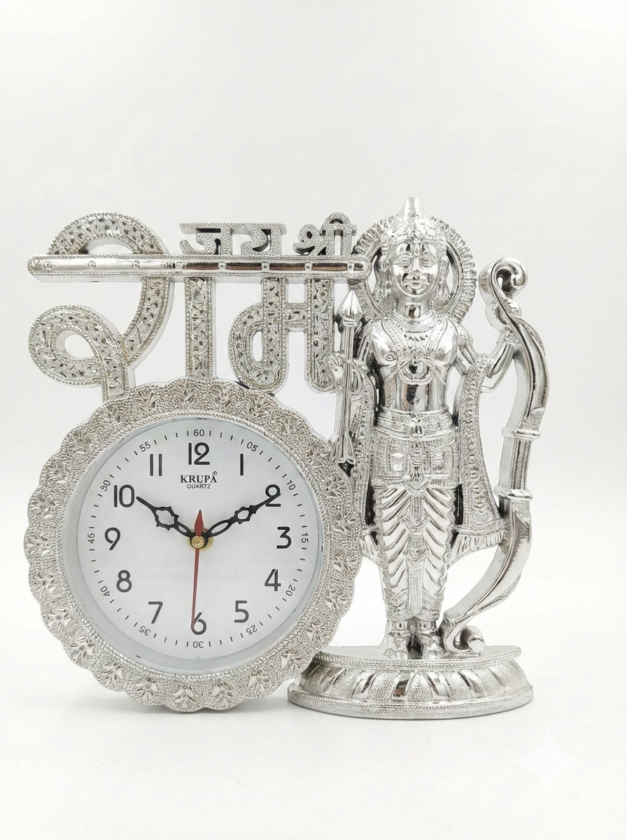 Shri Ram Ji Decorative Table Clock | Silver Finish Ram Idol with Bow Gift for Diwali, Housewarming & Office Desk